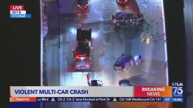 Car catches fire after crash on 210 Freeway