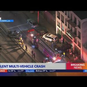 Car crash sends vehicles into building in downtown L.A.