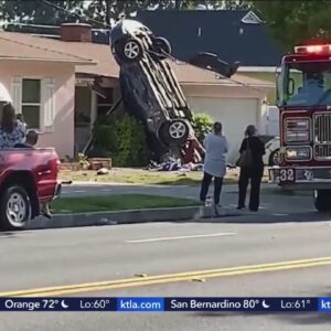 Car lands on house in Pasadena