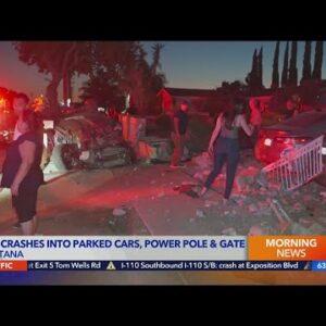 Car crashes into parked cars, power pole and gate in Fontana