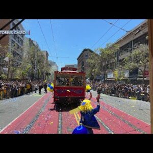 Santa Barbara trolleys play part in Golden State Warriors victory parade