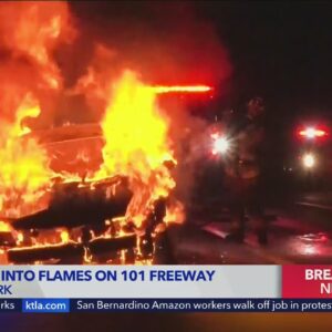Car bursts into flames on the 101 Freeway
