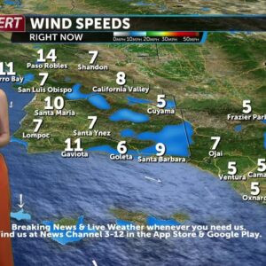 Weak Santa Ana wind event, slightly warmer daytime temps