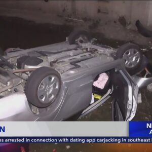 Car lands upside down after plummeting into Fullerton canal; DUI suspected