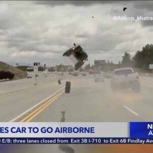 Runaway tire sends car airborne on 118 Freeway in Los Angeles