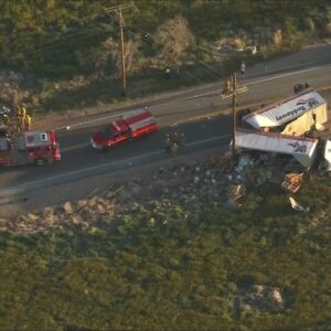 1 dead, 5 injured in crash involving overturned big rig in L.A. County