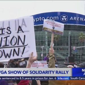 Thousands gather for massive writers strike rally in downtown Los Angeles