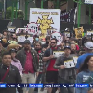 Thousands gather for massive writers strike rally in downtown Los Angeles