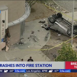 Vehicle flips, slams into LAFD station in Shadow Hills