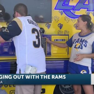 Hundreds gather at Harbor Cove Beach in Ventura for the Rams on the 1 event before the start ...