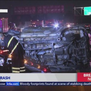 Fiery rollover crash halts traffic on 101 Freeway 