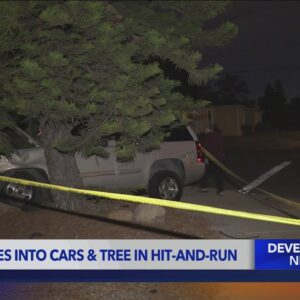 Hit-and-run driver abandons SUV after smashing into parked cars, tree