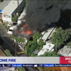 Mobile home goes up in flames in San Fernando