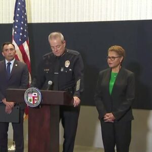 LAPD Chief Michel Moore, Mayor Karen Bass, D.A. George Gascón announce murders targeting homeless