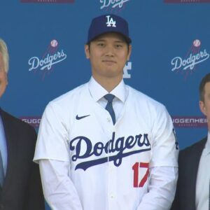 Shohei Ohtani dons his Dodgers uniform