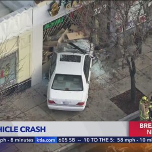 Car smashes into building after multi-vehicle collision in San Gabriel