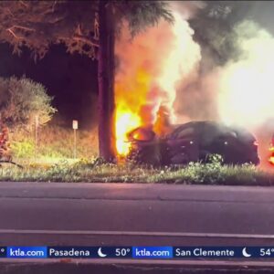 Driver hospitalized after fiery crash in Woodland Hills 