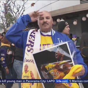 Laker fans celebrate Kobe Bryant statue in downtown L.A.