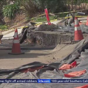 Road collapsing due to weather damage in Rancho Palos Verdes