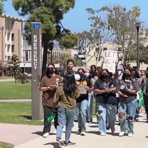 Students take part in May Day pro-alestinian walk out and camp out at UCSB