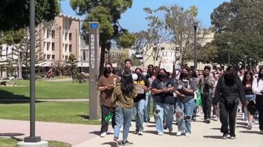 Students take part in May Day pro-alestinian walk out and camp out at UCSB