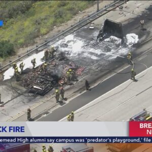 Semi-truck carrying meat incinerated by massive fire on 5 Freeway 
