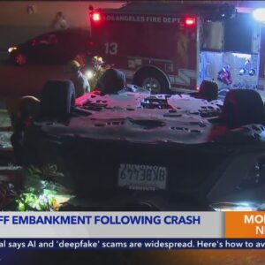 Car flips off embankment, lands on roof after crash on 10 Freeway 