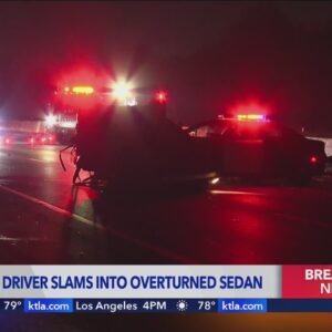 Hit-and-run driver slams into overturned sedan on 101 Freeway