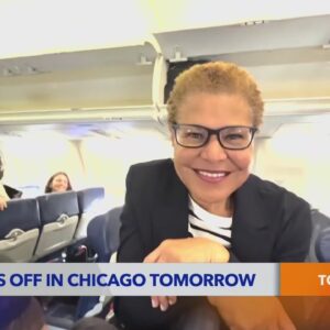 Los Angeles Mayor Karen Bass gives impromptu interview to KTLA reporter aboard flight to DNC