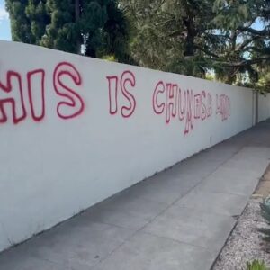 "This is Chumash Land" spray-painted near Old Mission Santa Barbara