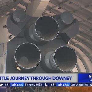 Crowds gather to see “Inspiration” space shuttle prototype travel through Downey streets