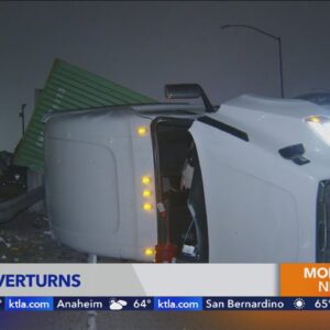 Overturned big rig closes 91 Freeway transition in Cerritos