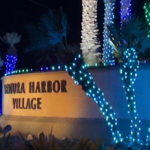 Ventura Harbor entrance decked with lights