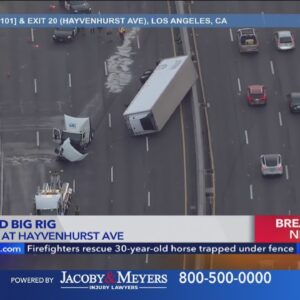 Big rig crash, fuel spill close WB 101 Fwy through Encino