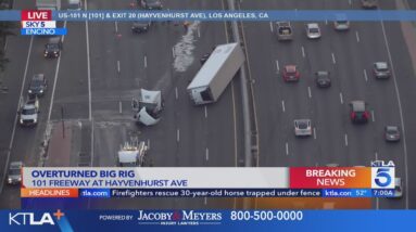 Big rig crash, fuel spill close WB 101 Fwy through Encino