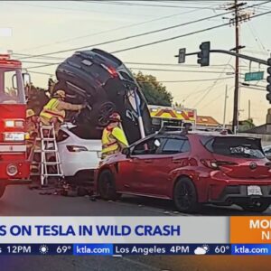 SUV lands on Tesla during wild Fountain Valley crash