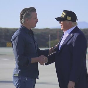 Gov. Newsom greets President Trump as he arrives to tour Los Angeles wildfire damage