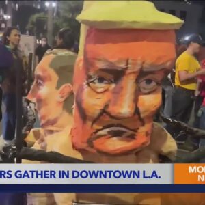 Demonstrators with Trump, Musk effigies seen in downtown Los Angeles on Inauguration Day 