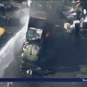 Trash truck with compressed gas cylinders goes up in flames on L.A.’s Westside