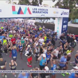 And they're off! L.A. Marathon gets underway at Dodger Stadium